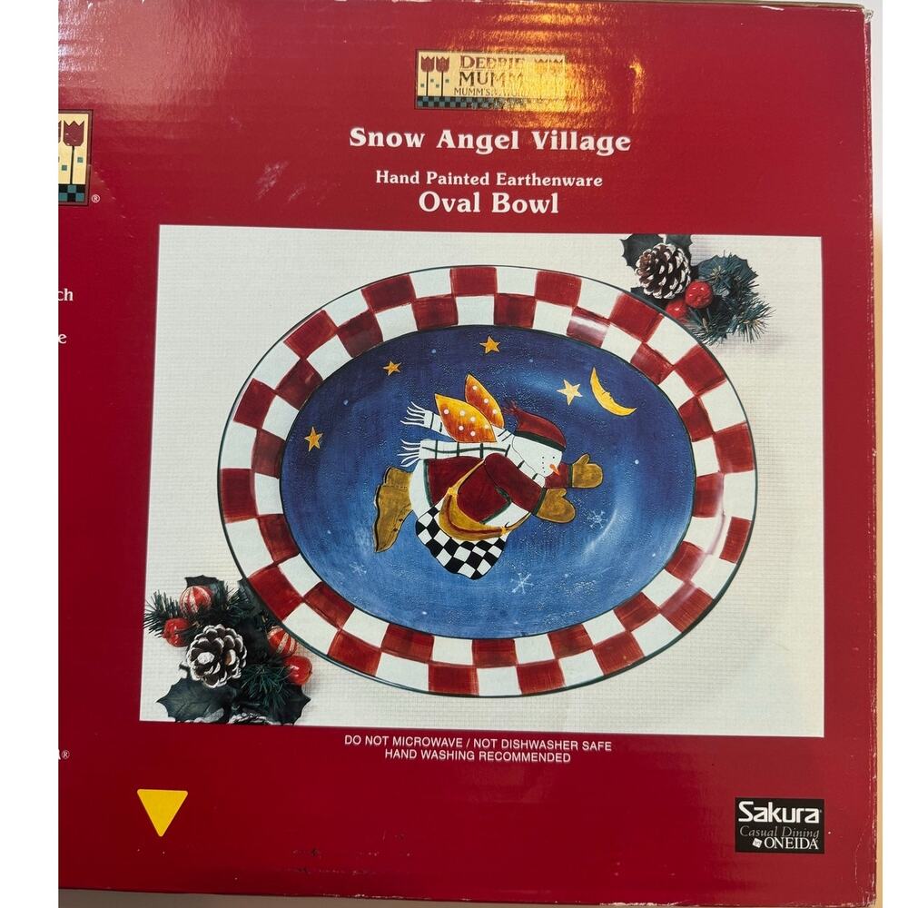 NIB Vtg Sakura Debbie Mumm Snow Angel Village Oval Bowl Hand Painted Snowman